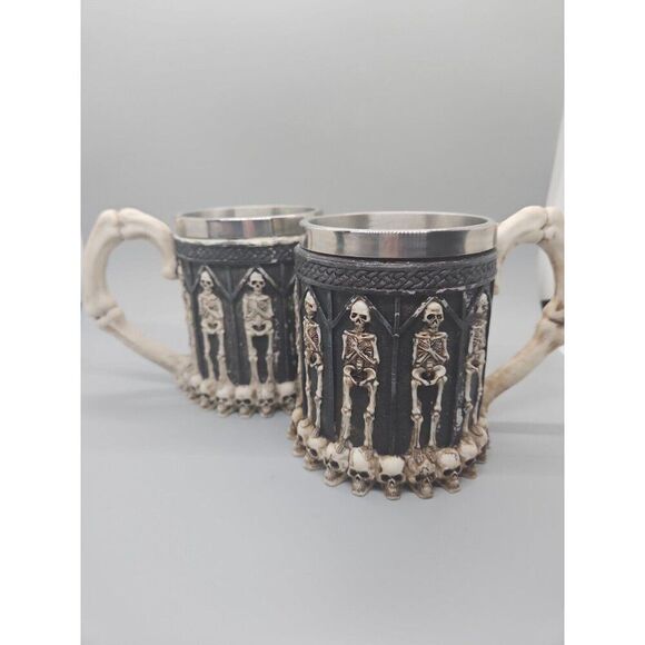 Set Of (2) Skeletons & Skulls 3-D Tankard Stainless Steel Goth Drinking Mug/ Cup - Picture 8 of 8
